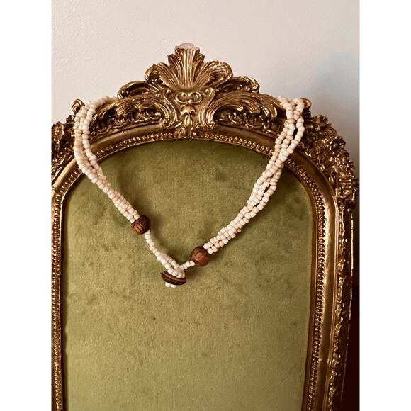 Vintage Tribal Necklace White Beads Wood Carnelian Agate Pendant Boho 20” - Picture 5 of 6